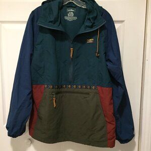 LL Bean Jacket Mens Medium Green Color Block Hooded Half Zip Outdoor Retro Logo